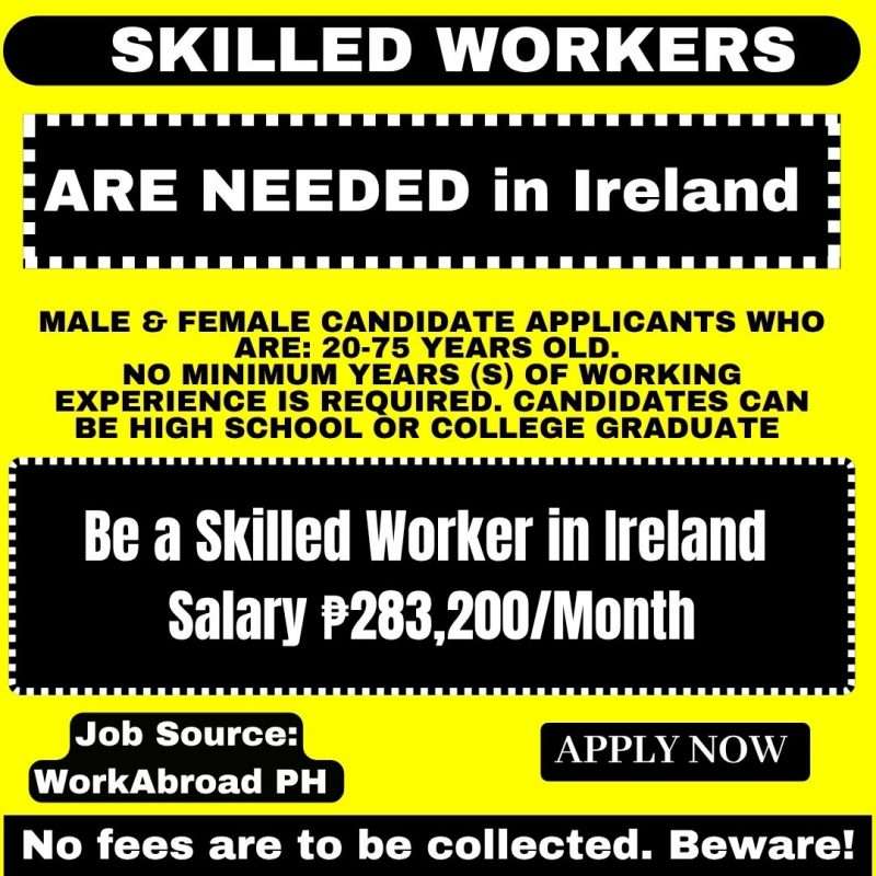 Skilled Workers in Ireland | Salary ₱283,200/Month
