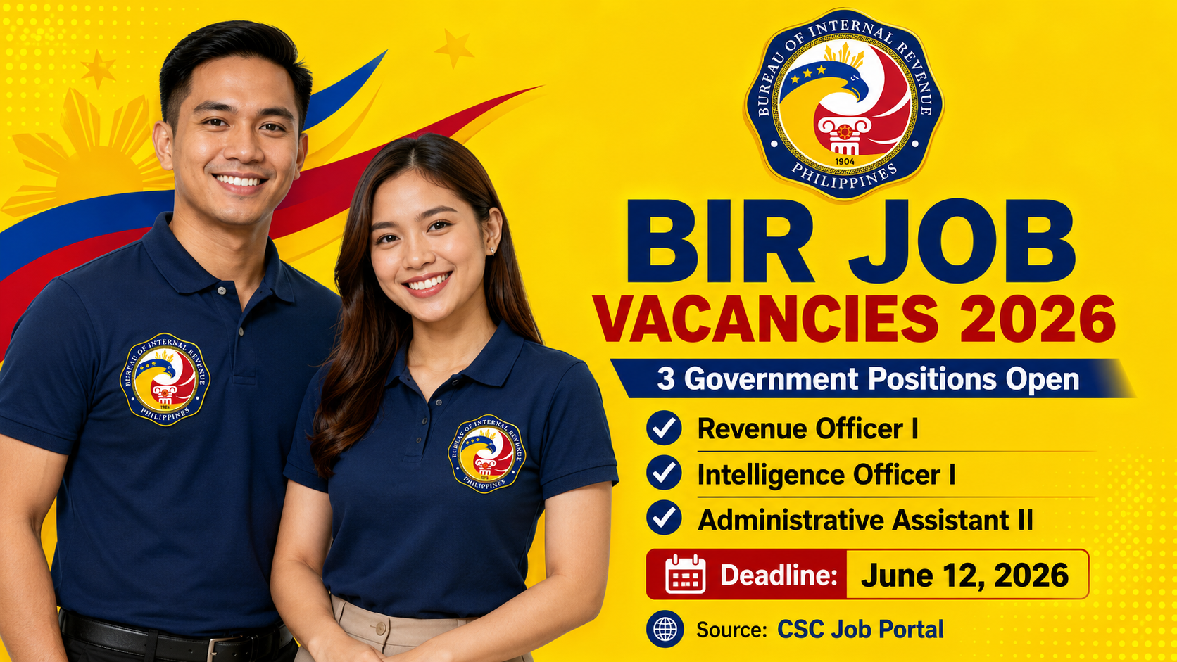 Create a feature from the above content. lit the jobs add image of man and woman. add source. man and woman at the left. use very YELLOW color background.. BJMP logo on polo. BJMP logo more visible. USE CORRECT PH BJMT logo.