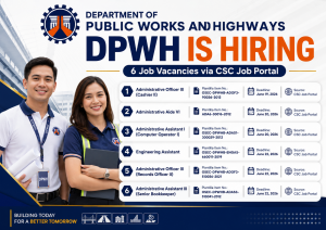 USE CORRECT Philippine government Agency hiring logo. Use correct PHILIPPINES related agency LOGO!!!! Use a color that will blend for the background color. Create a feature from the above content. list the jobs and add image of man and woman. Add job source, job plantilla item number and job deadline. The man and woman at the left or right to blend (IT SHOULD BLEND WITH JOB AND ITS ATTIRE - THEIR ATTIRE SHOULD BLEND WITH LISTED JOB). Use a color the will blend with the text and background. Use related Philippines government agency logo on polo and make the logo more visible. NOTE: USE CORRECT PHILIPPINES GOVERNMENT AGENCY HIRING RELATED LOGO!!!. REMOVE LOCATION AND REGION. REMOVE SALARY. NOTE: THE COLOR OF THE BACKGROUND AND TEXT MUST BLEND WITH THE LOGO TO GIVE STUNNING AND PROFESSIONAL DESIGN. MAKE SURE TO FOLLOW INSTRUCTION.