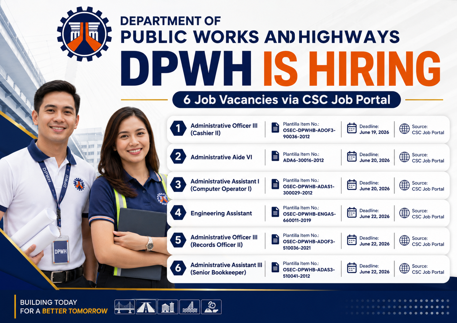 USE CORRECT Philippine government Agency hiring logo. Use correct PHILIPPINES related agency LOGO!!!! Use a color that will blend for the background color. Create a feature from the above content. list the jobs and add image of man and woman. Add job source, job plantilla item number and job deadline. The man and woman at the left or right to blend (IT SHOULD BLEND WITH JOB AND ITS ATTIRE - THEIR ATTIRE SHOULD BLEND WITH LISTED JOB). Use a color the will blend with the text and background. Use related Philippines government agency logo on polo and make the logo more visible. NOTE: USE CORRECT PHILIPPINES GOVERNMENT AGENCY HIRING RELATED LOGO!!!. REMOVE LOCATION AND REGION. REMOVE SALARY. NOTE: THE COLOR OF THE BACKGROUND AND TEXT MUST BLEND WITH THE LOGO TO GIVE STUNNING AND PROFESSIONAL DESIGN. MAKE SURE TO FOLLOW INSTRUCTION.